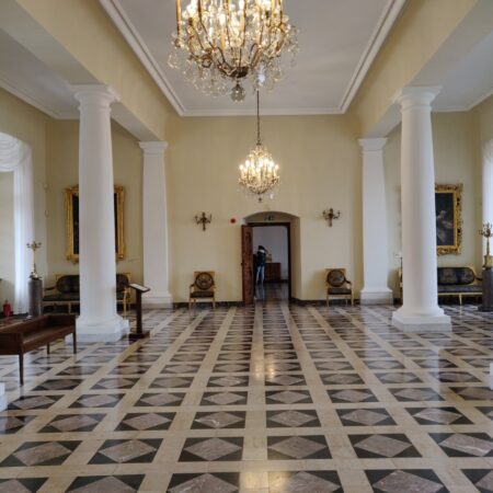Atcracow Tour Elegant Hallway Chandeliers Marble Floor