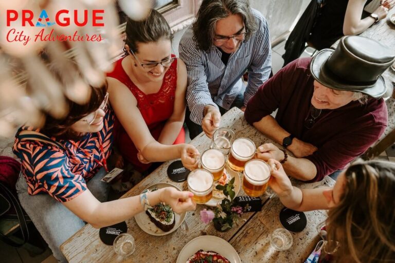 Praguecityadventures Tour Friends Cheers Beers Table