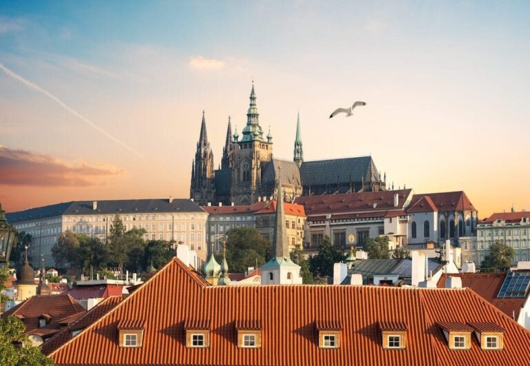 Praguecityadventures Tour Prague Castle Red Roofs Sunset 