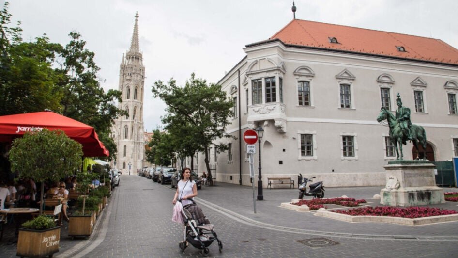 Tastehungary Tour Woman Stroller Historical Building Statue